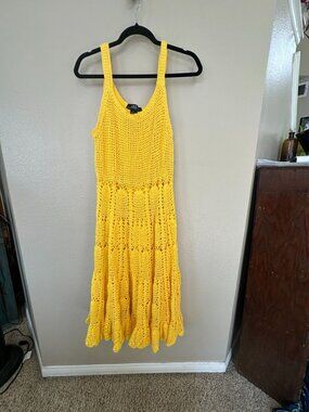 Midnight Velvet Yellow Crochet Sleeveless Midi Dress Womens 100% Cotton L Summer